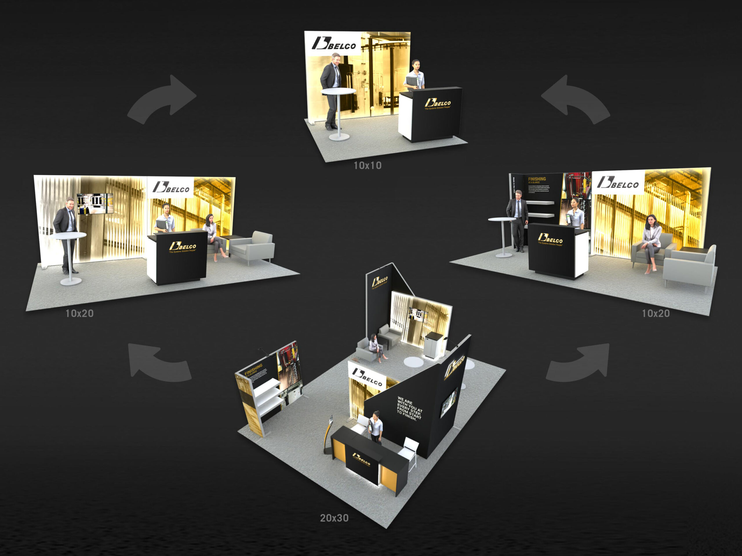 4 renders of trade show booth examples with arrows in between