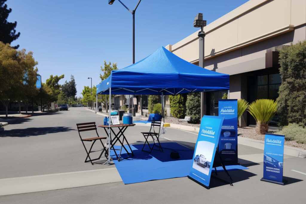 blue tent, table, chairs and banners outside