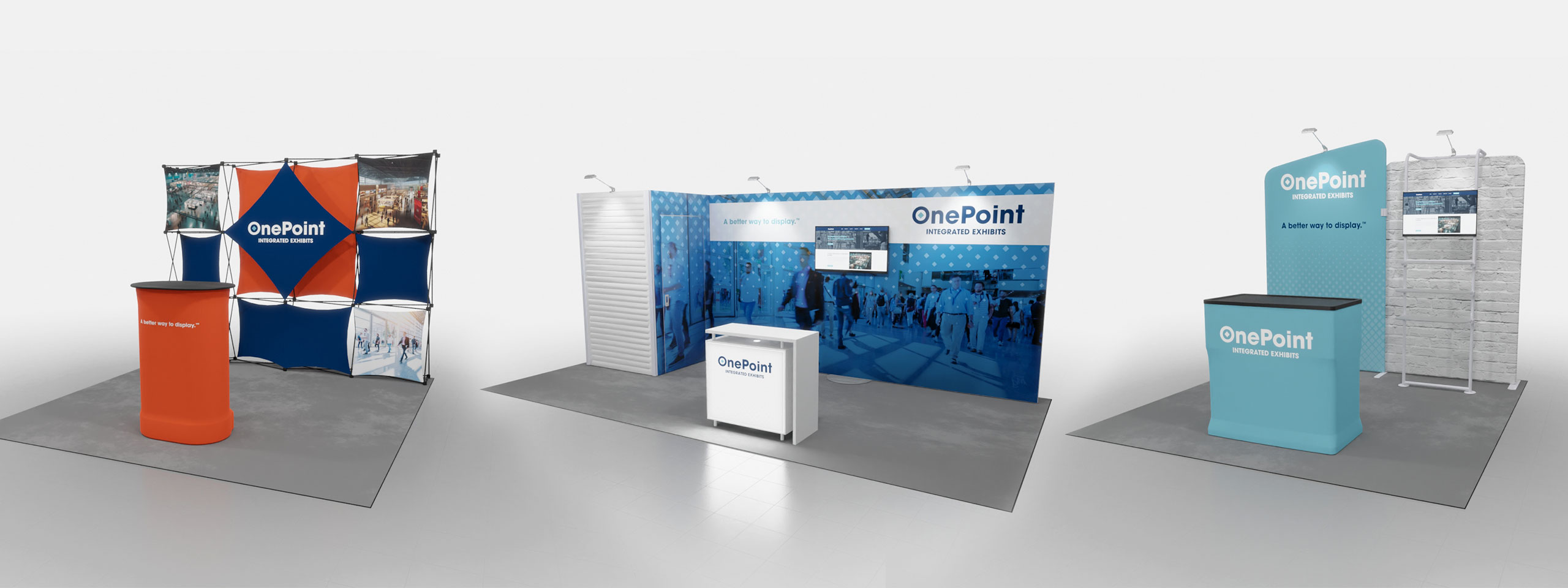 3D tradeshow booth renders with onepoint logo on them