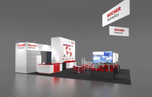 3D tradeshow booth render for Bucher