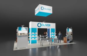 3D tradeshow booth render for Oliver